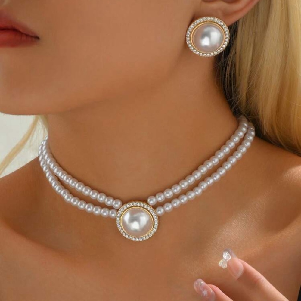1pc Round Pearl Necklace And 1pair Geometric Round Pearl Earrings 2pcs Jewelry